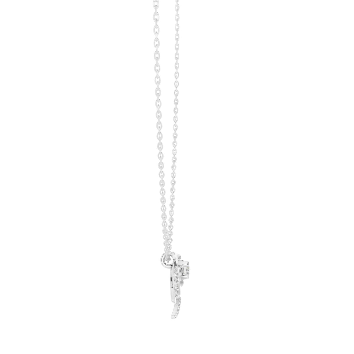White gold chain with round diamond flower pendant, small clasp at bottom