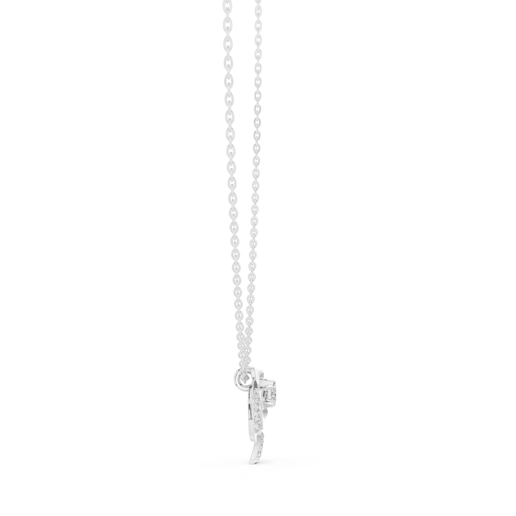 White gold chain with round diamond flower pendant, small clasp at bottom