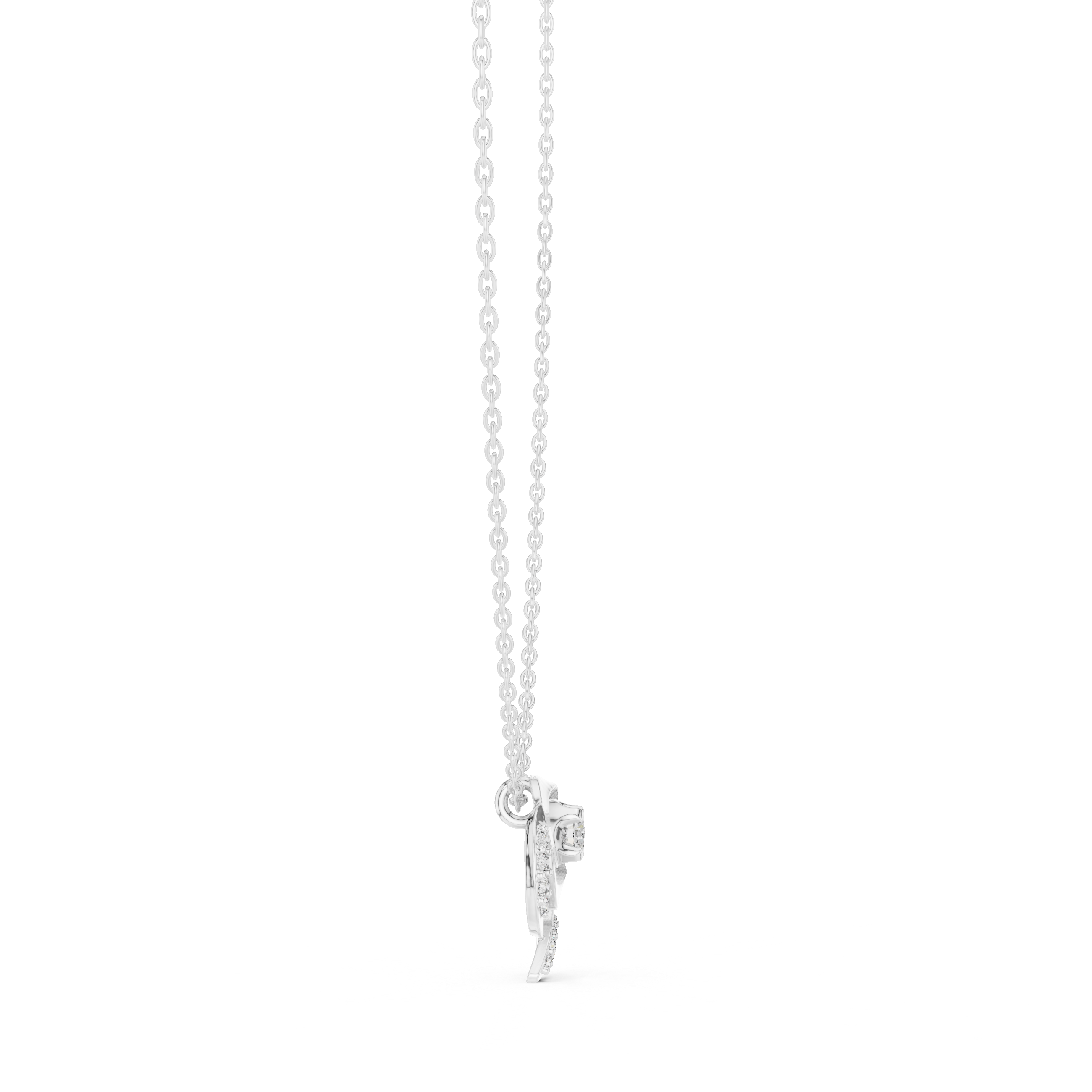 White gold chain with round diamond flower pendant, small clasp at bottom