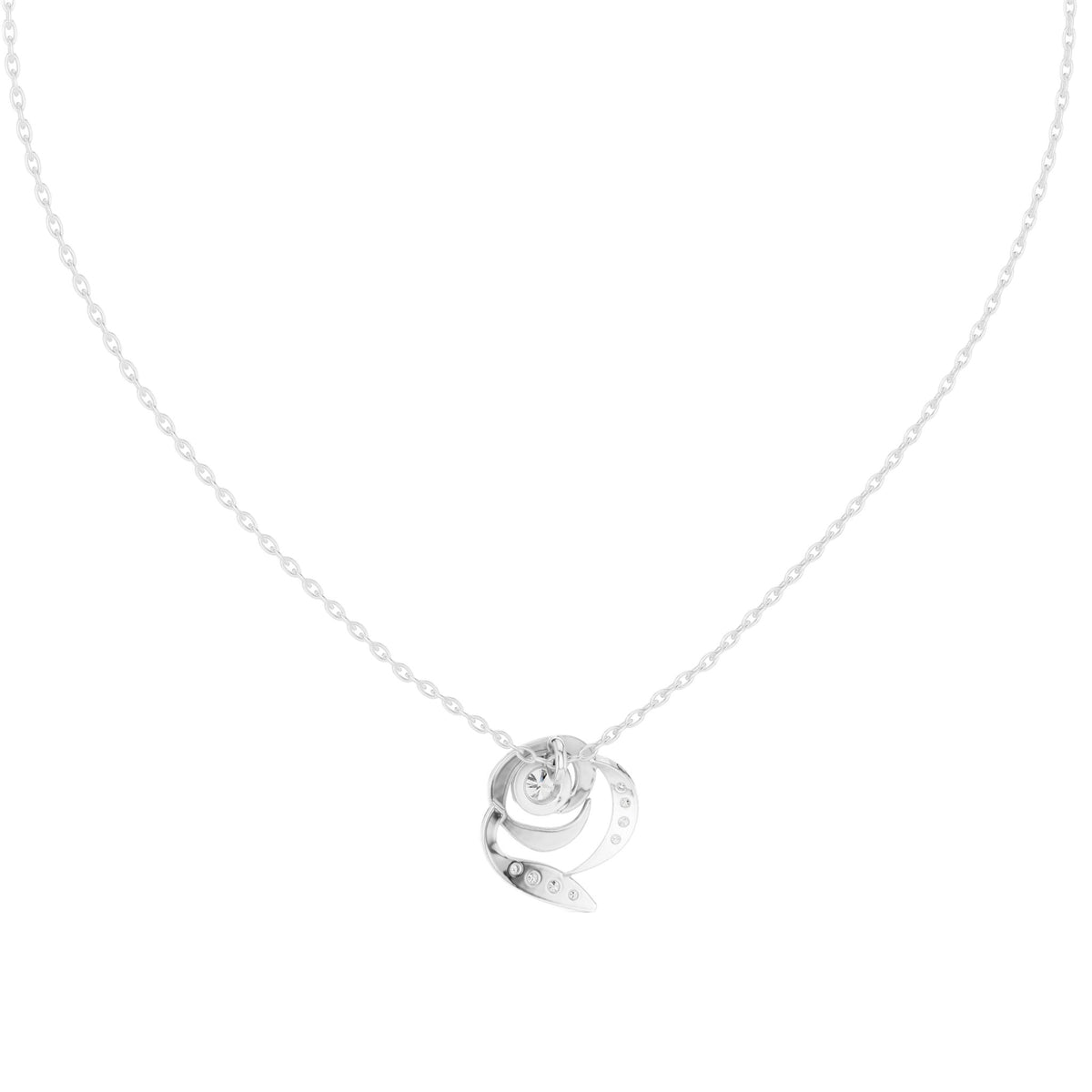 Round diamond flower pendant on white gold chain, sculptural swirl setting