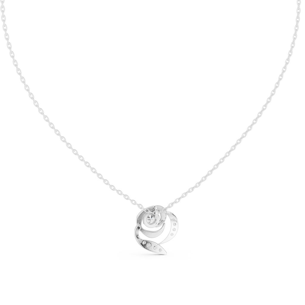 White gold diamond flower pendant with round center and sculpted swirl petals.