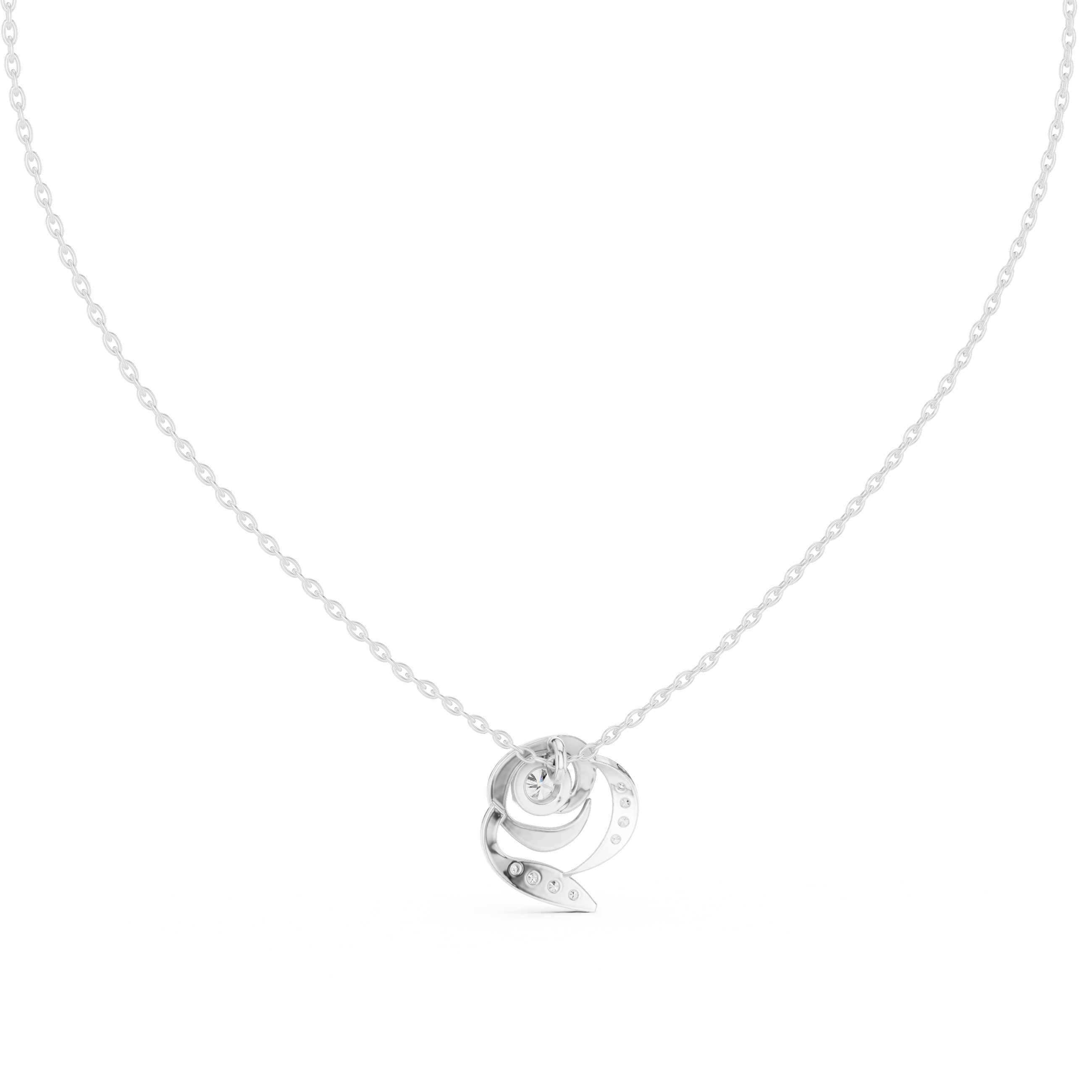 White gold diamond flower pendant with round center and sculpted swirl petals.