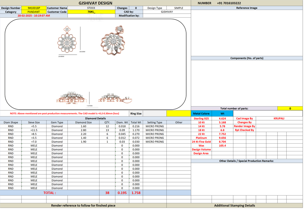 Jewelry design specification sheet with pendant diagram and diamond detail table