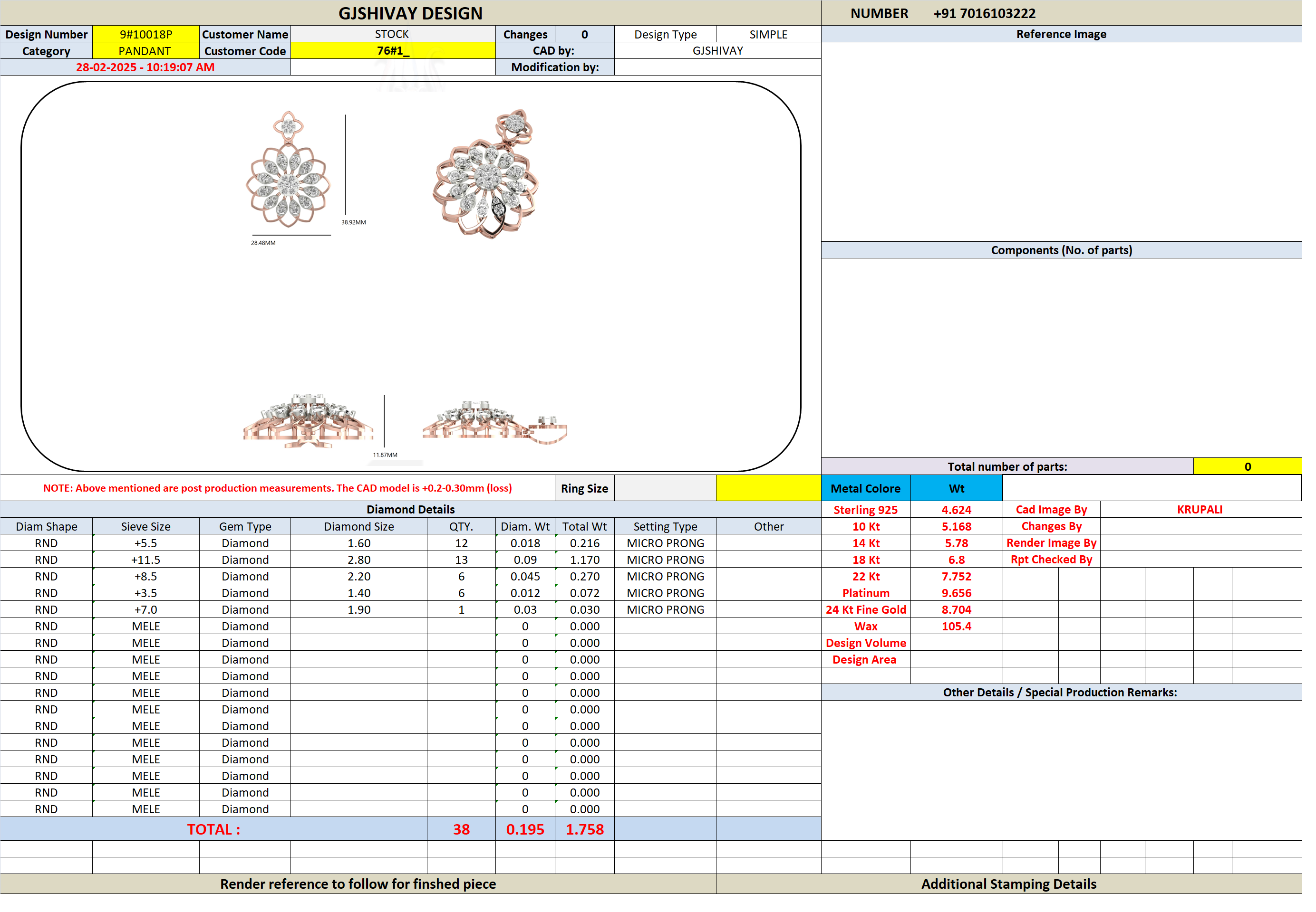 Jewelry design specification sheet with pendant diagram and diamond detail table