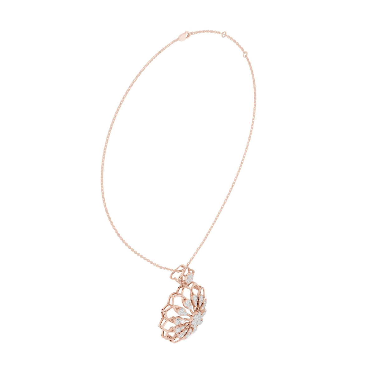 Rose gold round diamond floral pendant with chain, front view