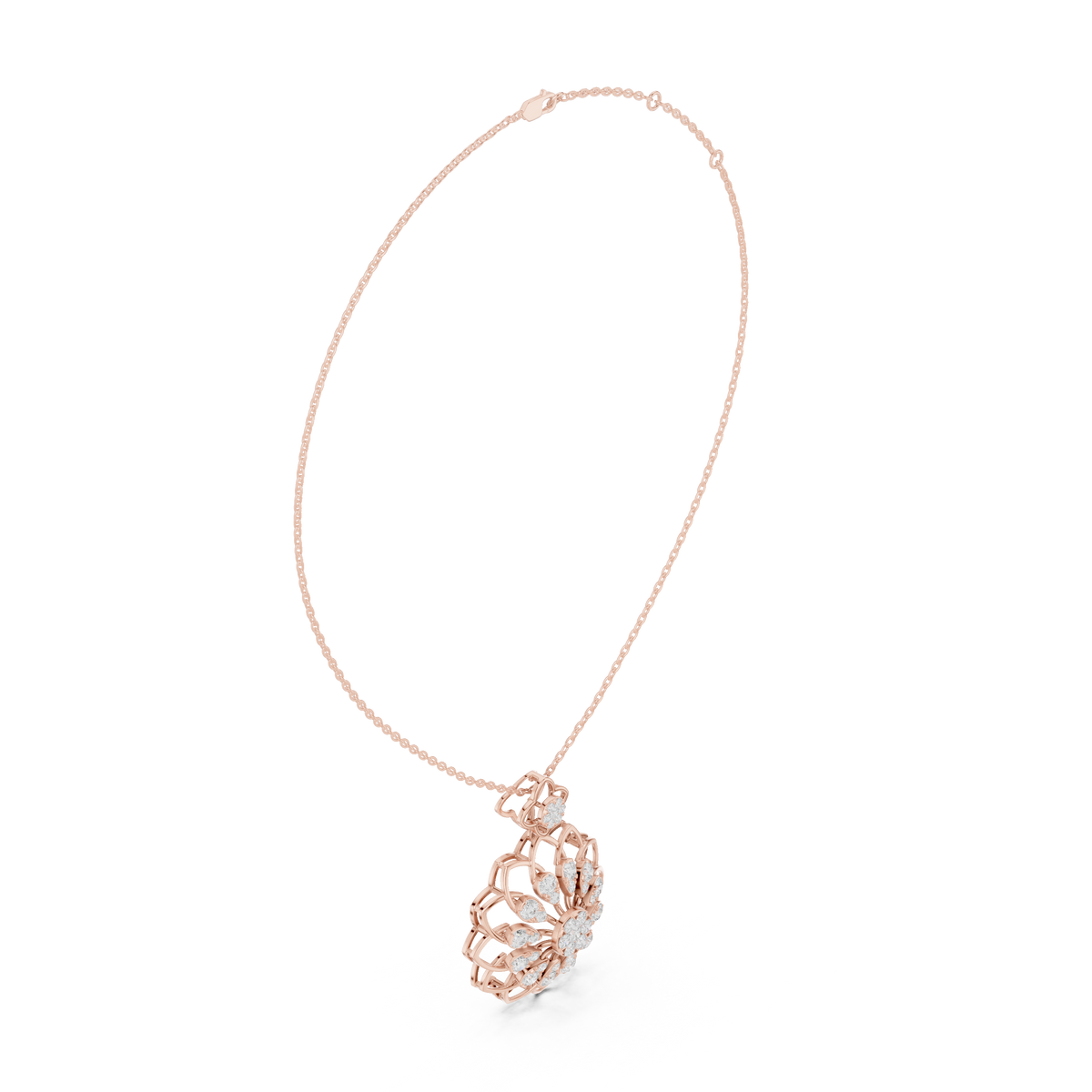 Rose gold round diamond floral pendant with chain, front view