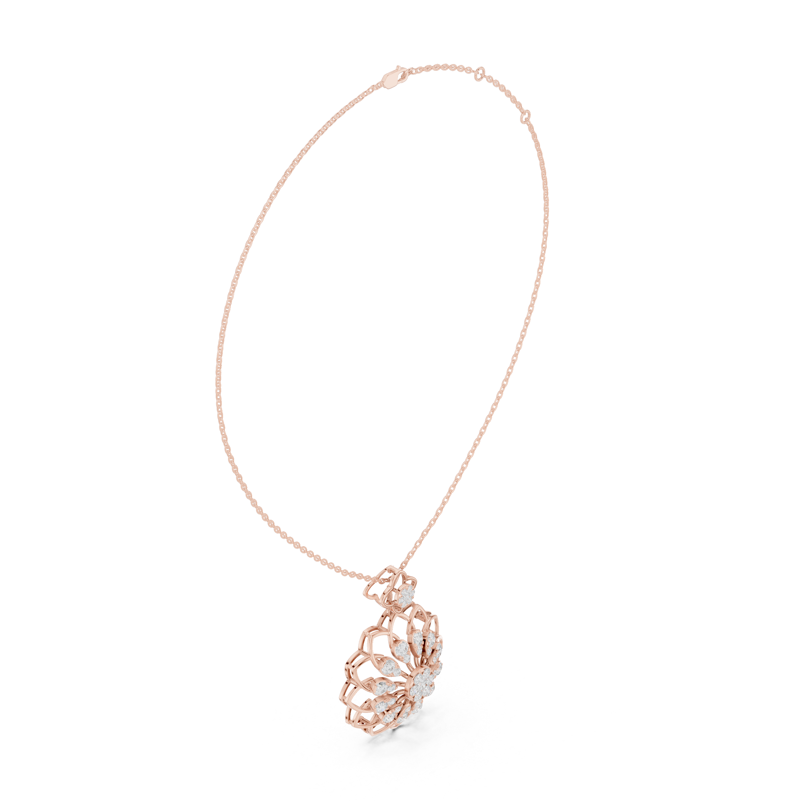 Rose gold round diamond floral pendant with chain, front view