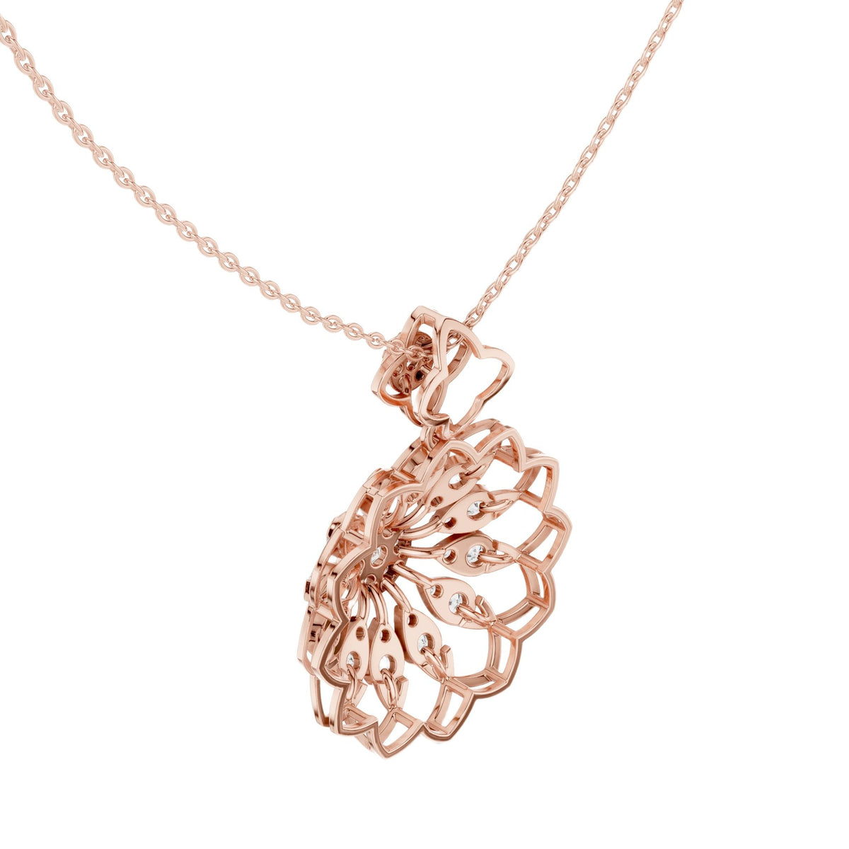 Rose gold floral round diamond pendant, openwork lattice, on link chain