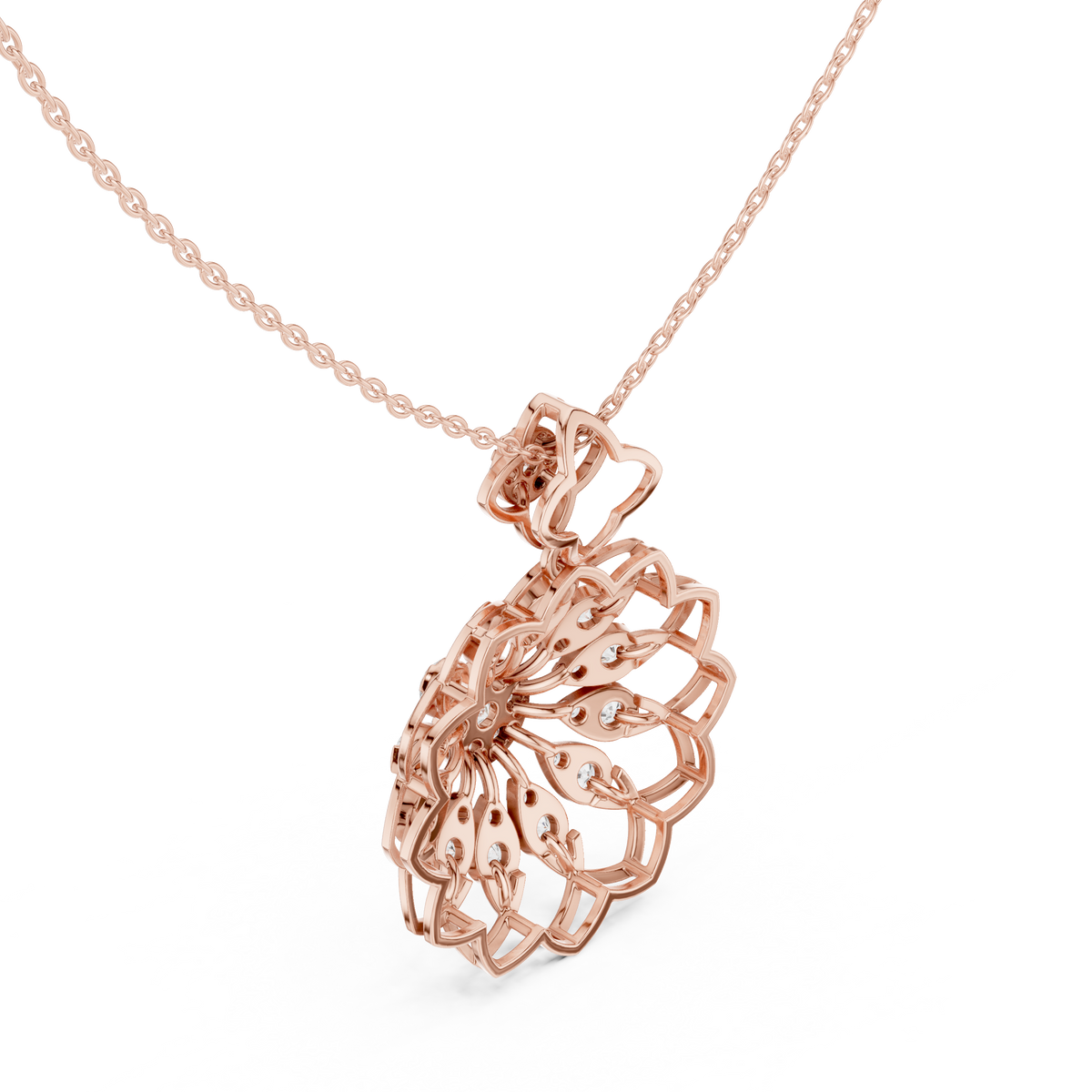 Rose gold floral round diamond pendant, openwork lattice, on link chain