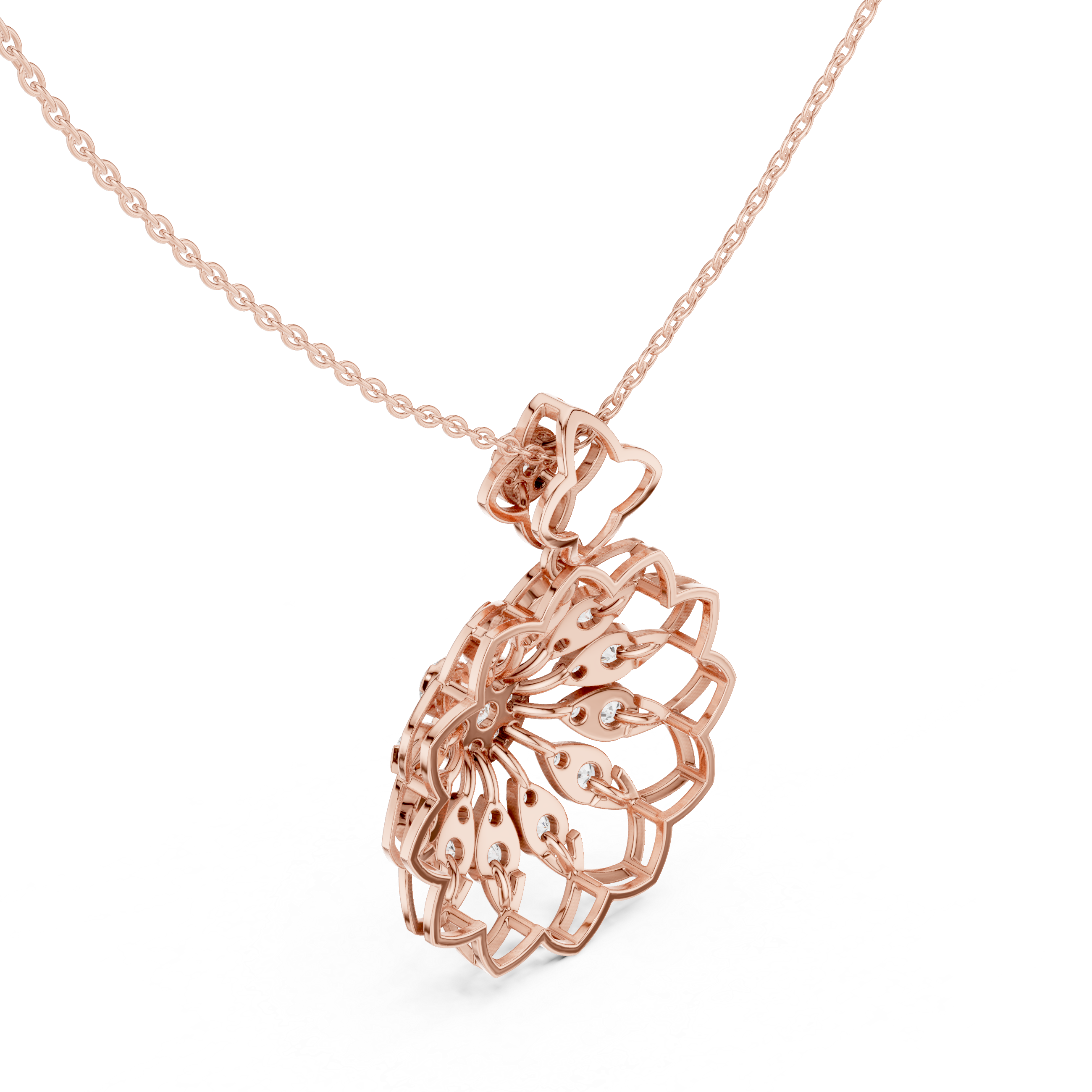 Rose gold floral round diamond pendant, openwork lattice, on link chain
