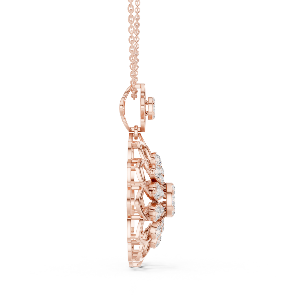 Rose gold floral round diamond pendant side view with link chain