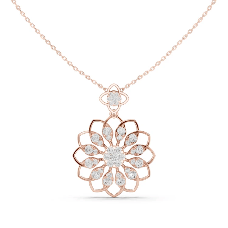 Rose gold diamond floral pendant with round center and petal clusters