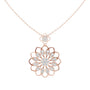 Rose gold floral round diamond pendant, openwork lattice, on link chain