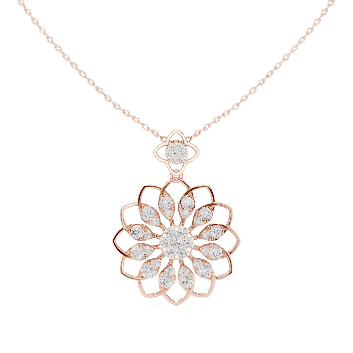 Rose gold floral round diamond pendant, openwork lattice, on link chain