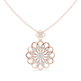 Rose gold floral round diamond pendant, openwork lattice, on link chain