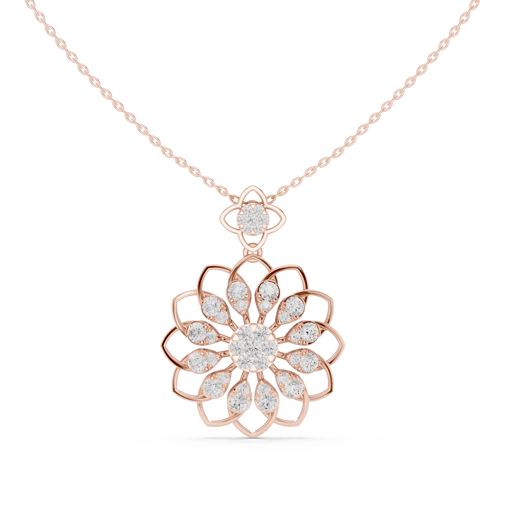 Rose gold floral round diamond pendant, openwork lattice, on link chain