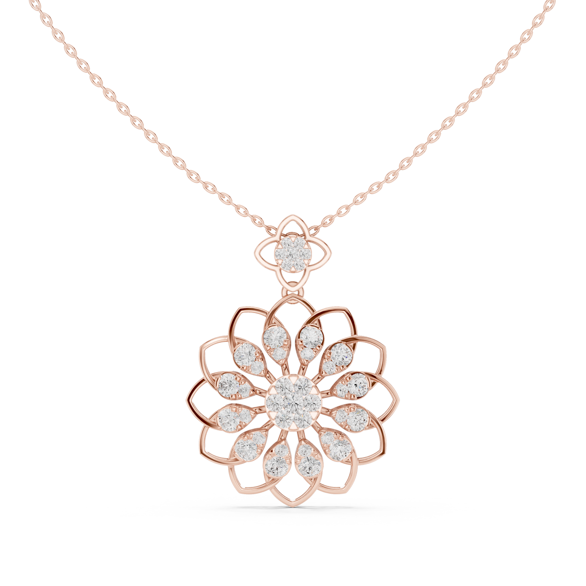 Rose gold floral round diamond pendant, openwork lattice, on link chain