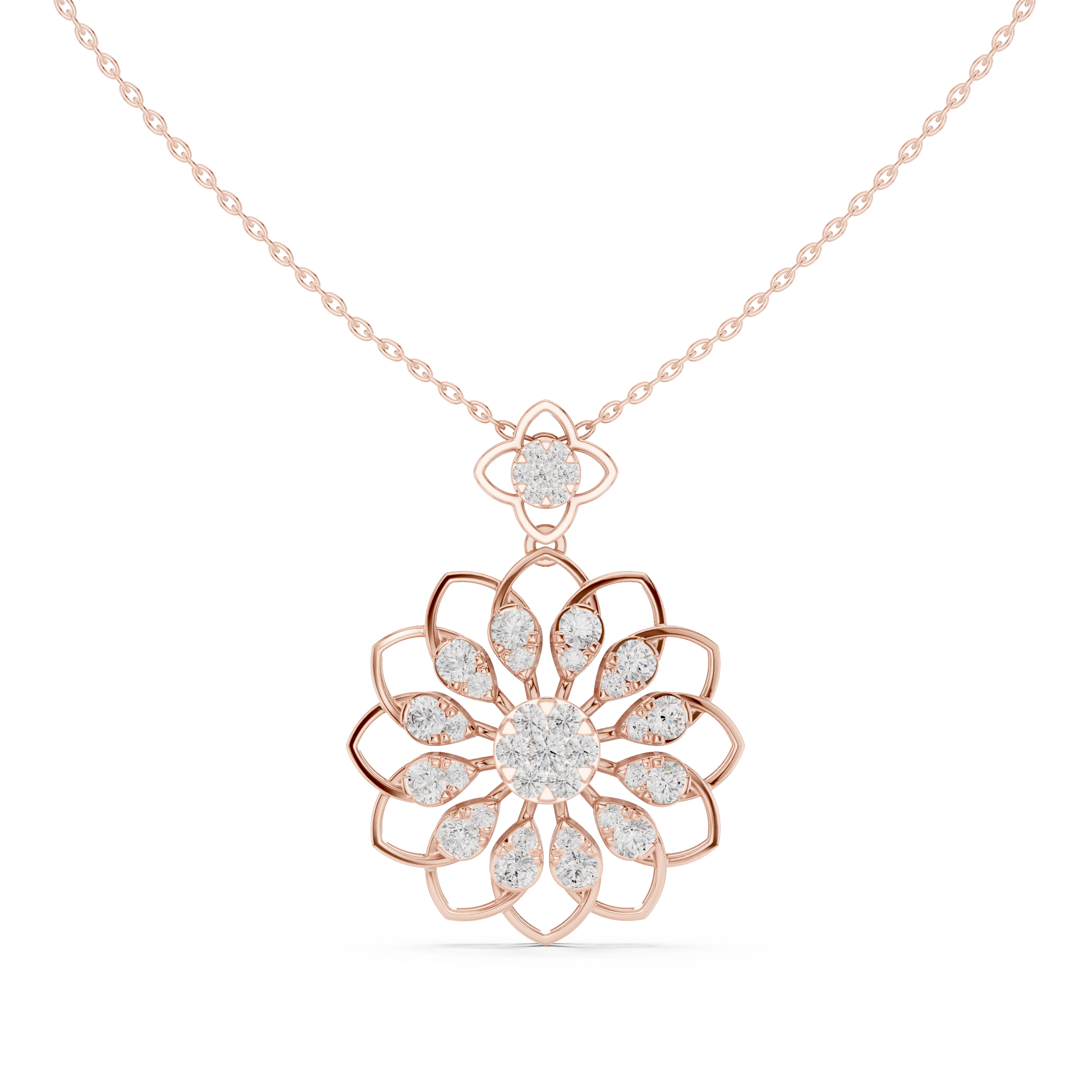 Rose gold floral round diamond pendant, openwork lattice, on link chain