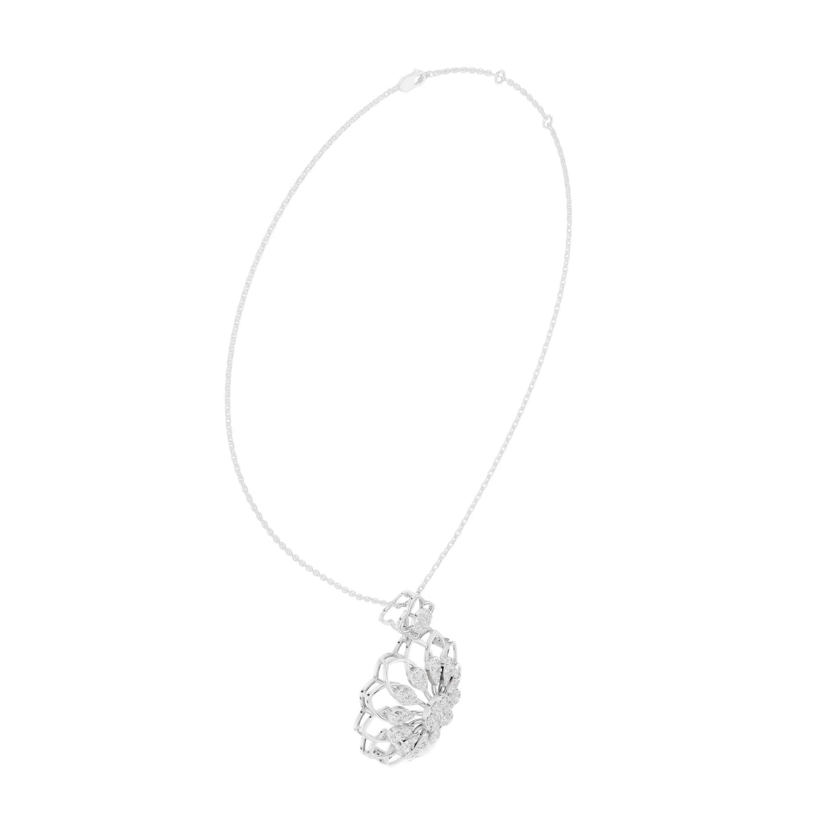 Silver-toned diamond floral pendant close-up with small round top charm