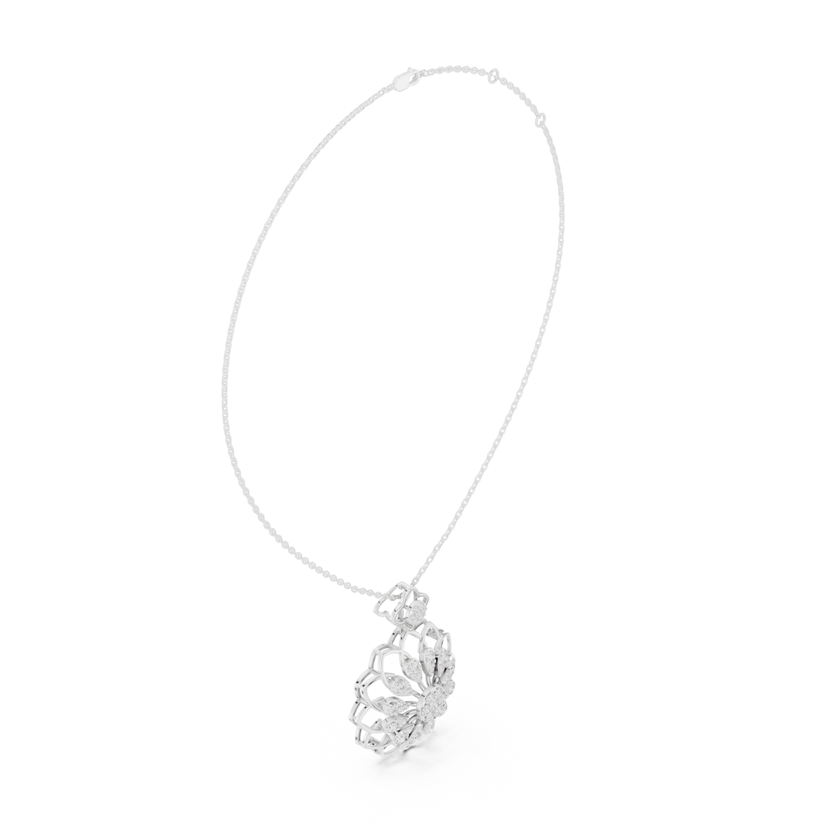 Silver-toned diamond floral pendant close-up with small round top charm
