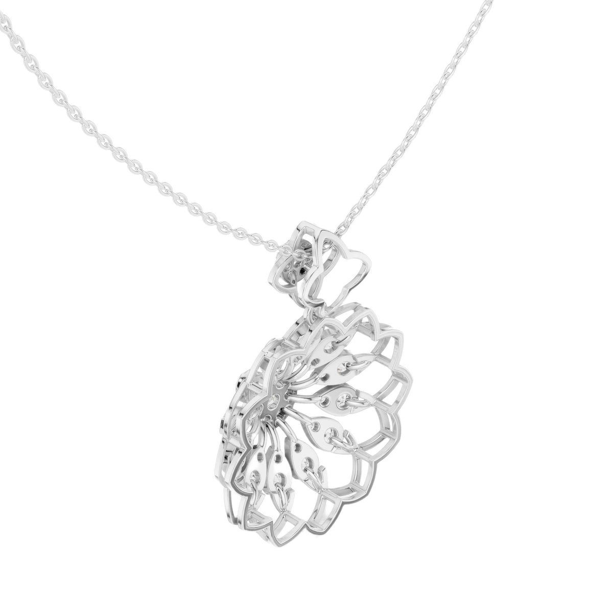 White gold floral round diamond pendant, openwork lattice, on link chain