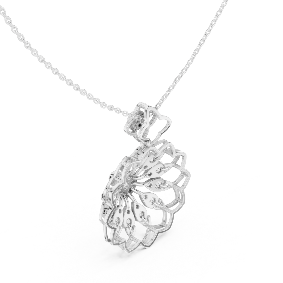 White gold floral round diamond pendant, openwork lattice, on link chain