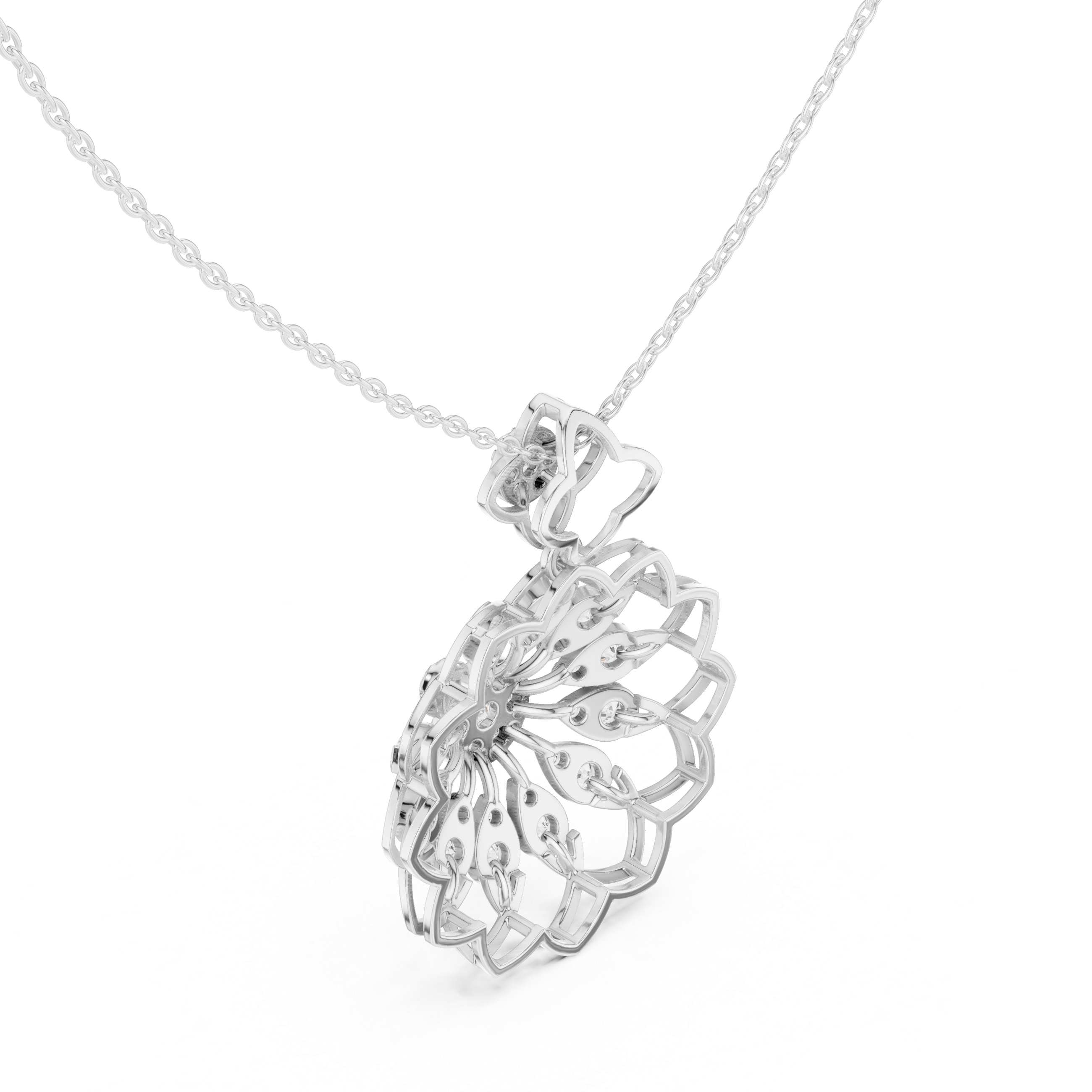 White gold floral round diamond pendant, openwork lattice, on link chain