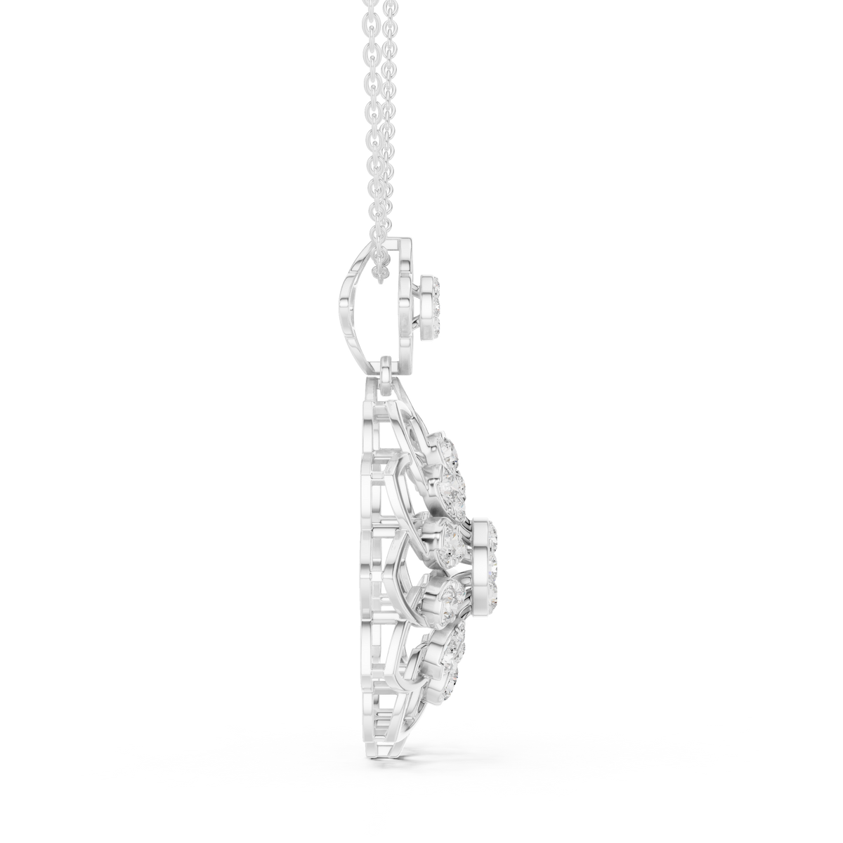 Silver-toned diamond floral pendant side profile on chain