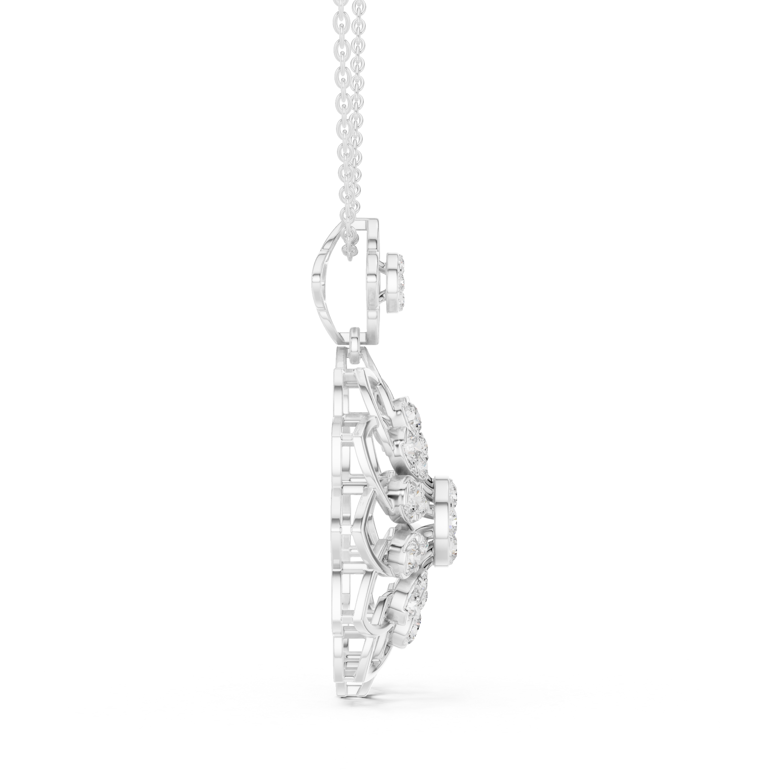 Silver-toned diamond floral pendant side profile on chain