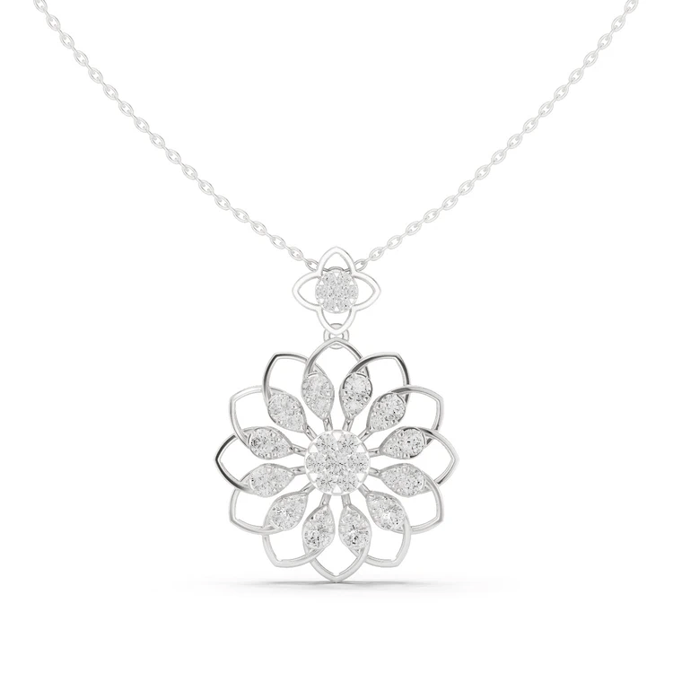 Silver-toned diamond floral pendant with round center and petal clusters