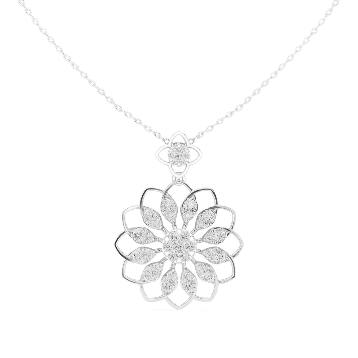 White gold round diamond floral pendant with openwork flower and small round stones