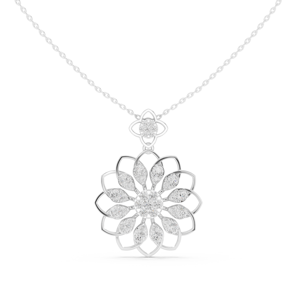 Silver-toned diamond floral pendant with round center and petal clusters on chain