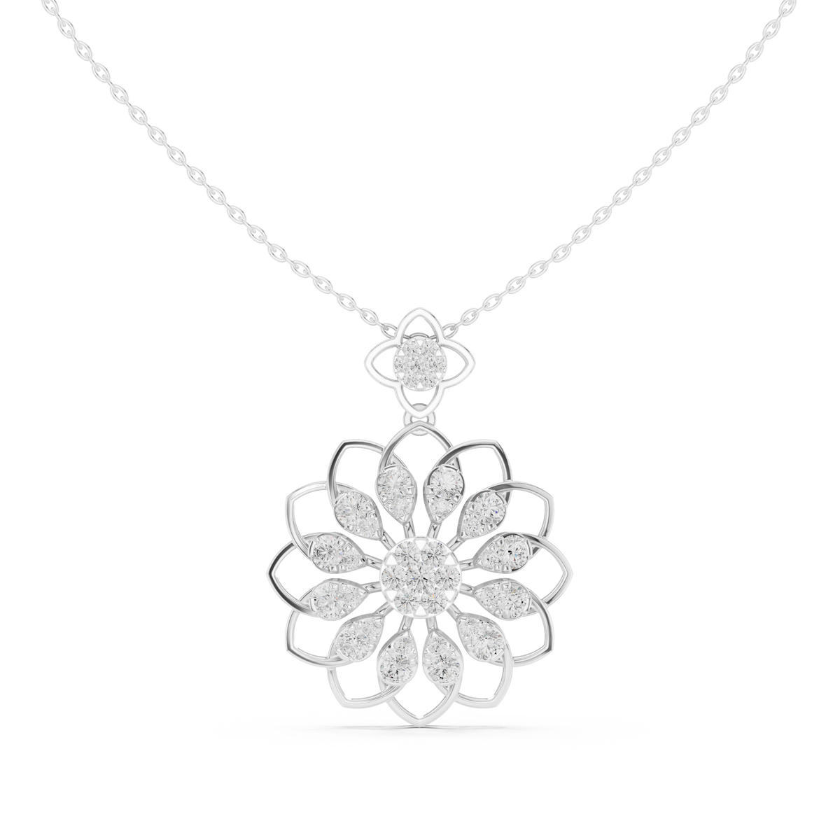 White gold round diamond floral pendant with openwork flower and small round stones