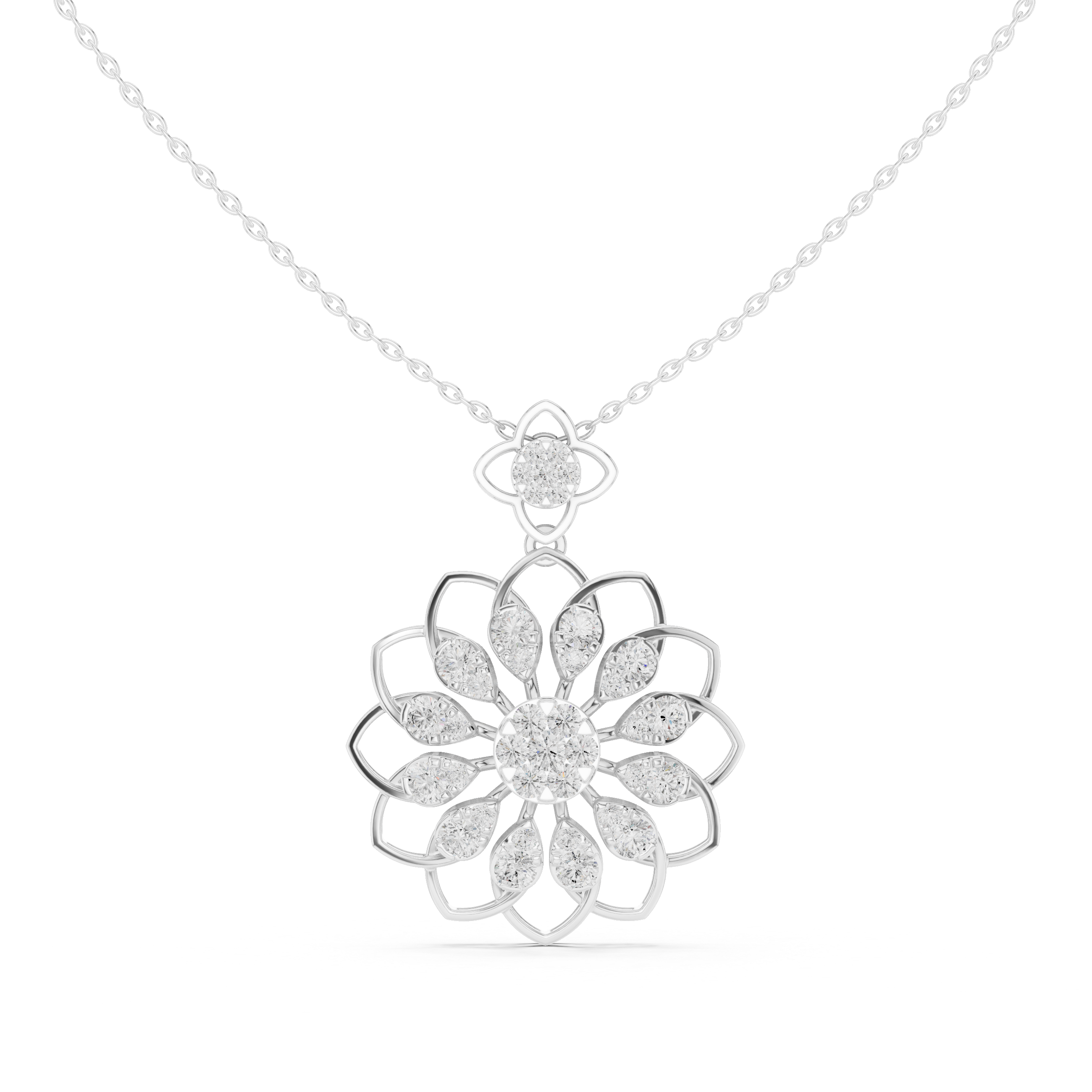 Silver-toned diamond floral pendant with round center and petal clusters on chain