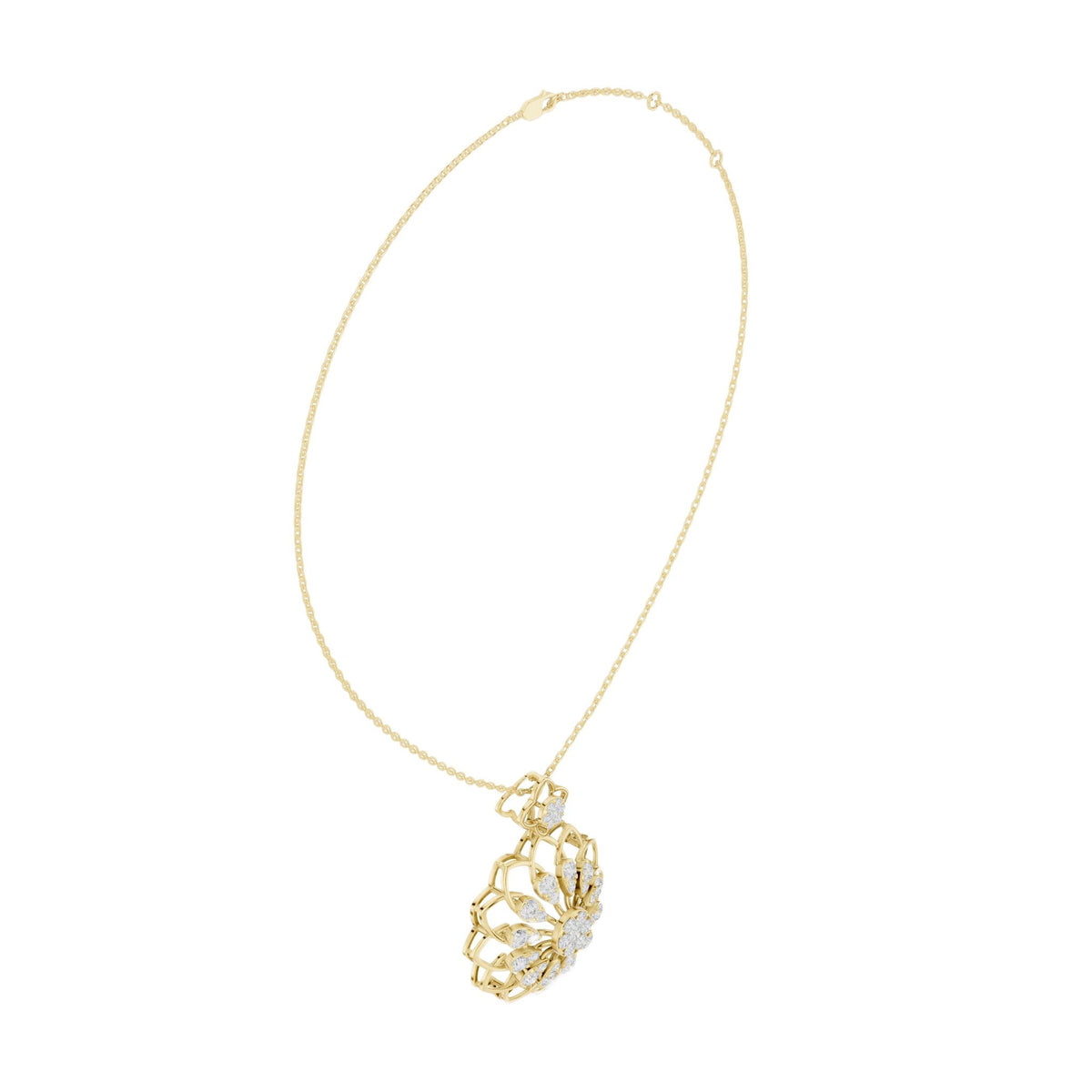 Yellow gold round diamond floral pendant with layered petals and central round stone