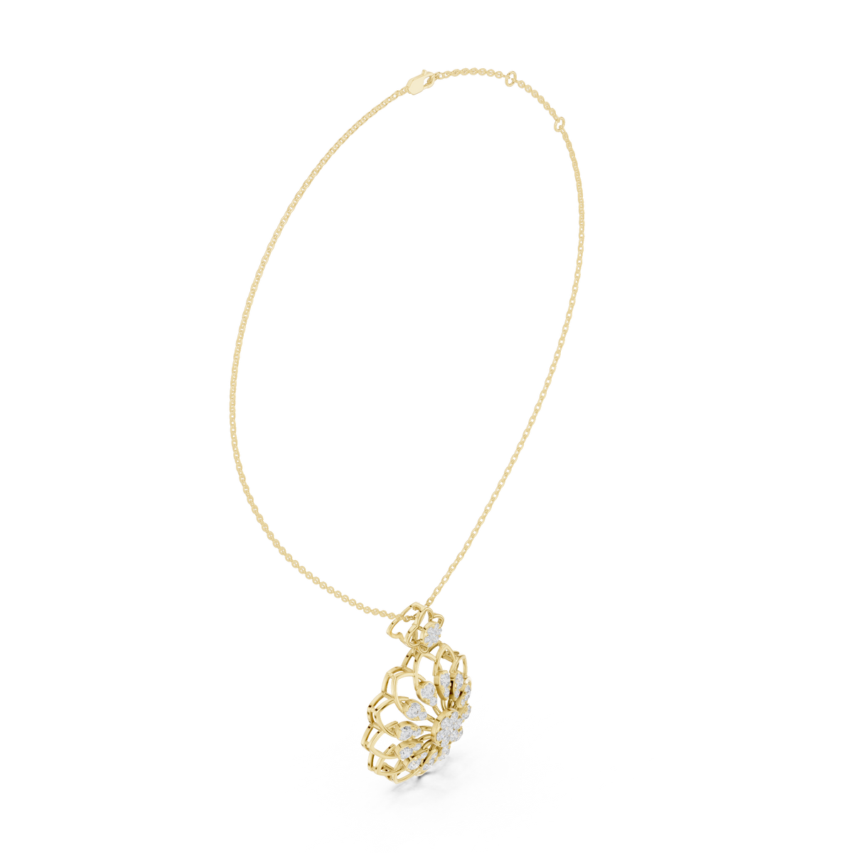 Yellow gold round diamond floral pendant with layered petals and central round stone