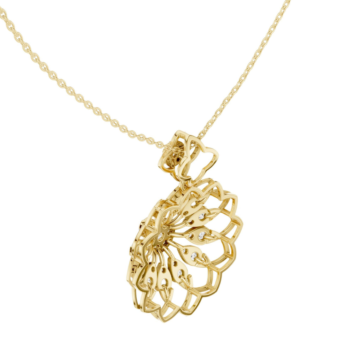Yellow gold diamond floral pendant close-up side view with openwork petal design