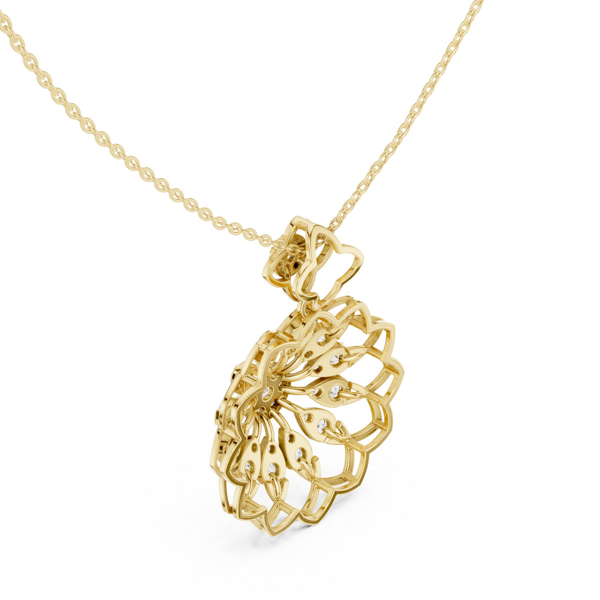Yellow gold diamond floral pendant close-up side view with openwork petal design