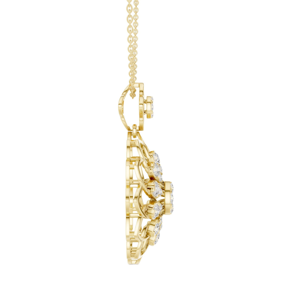 Yellow gold diamond floral pendant side view with openwork diamond-set petals