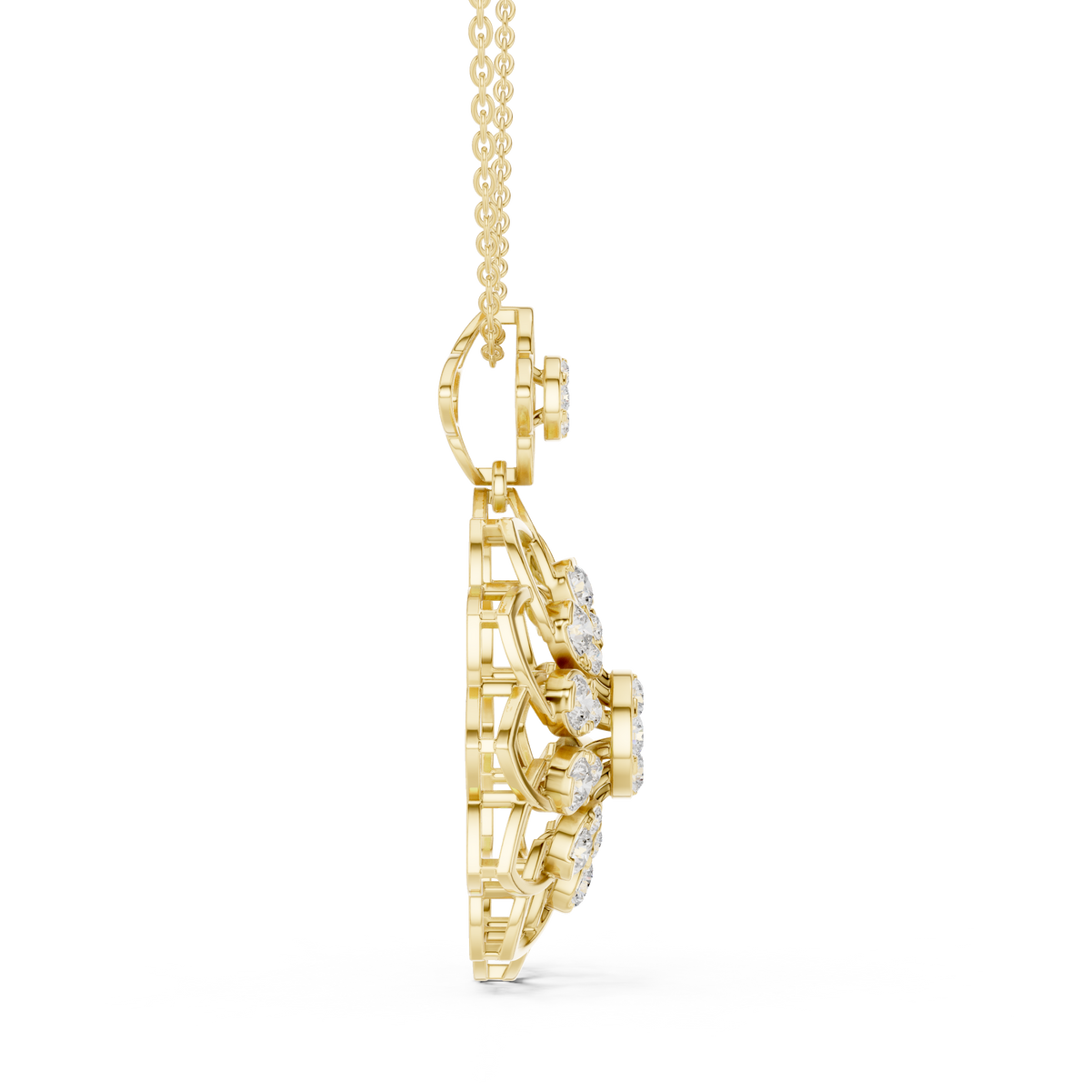 Yellow gold diamond floral pendant side view with openwork diamond-set petals