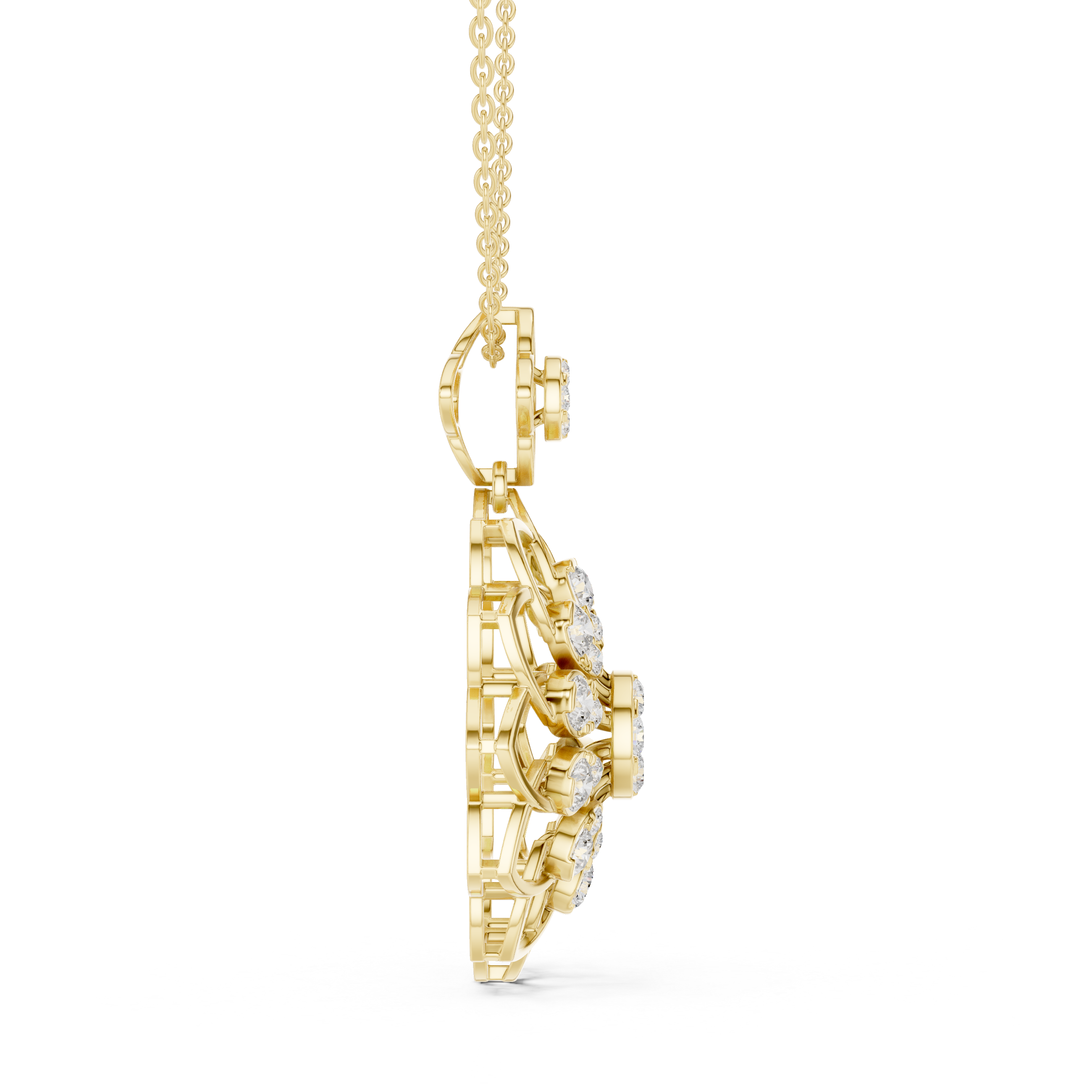 Yellow gold diamond floral pendant side view with openwork diamond-set petals