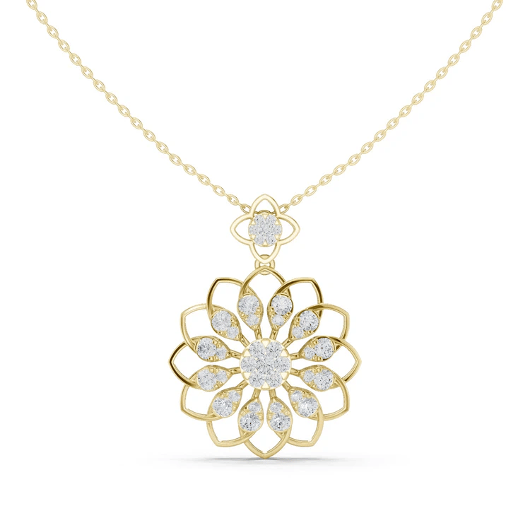 Yellow gold diamond floral pendant with round center and petal clusters