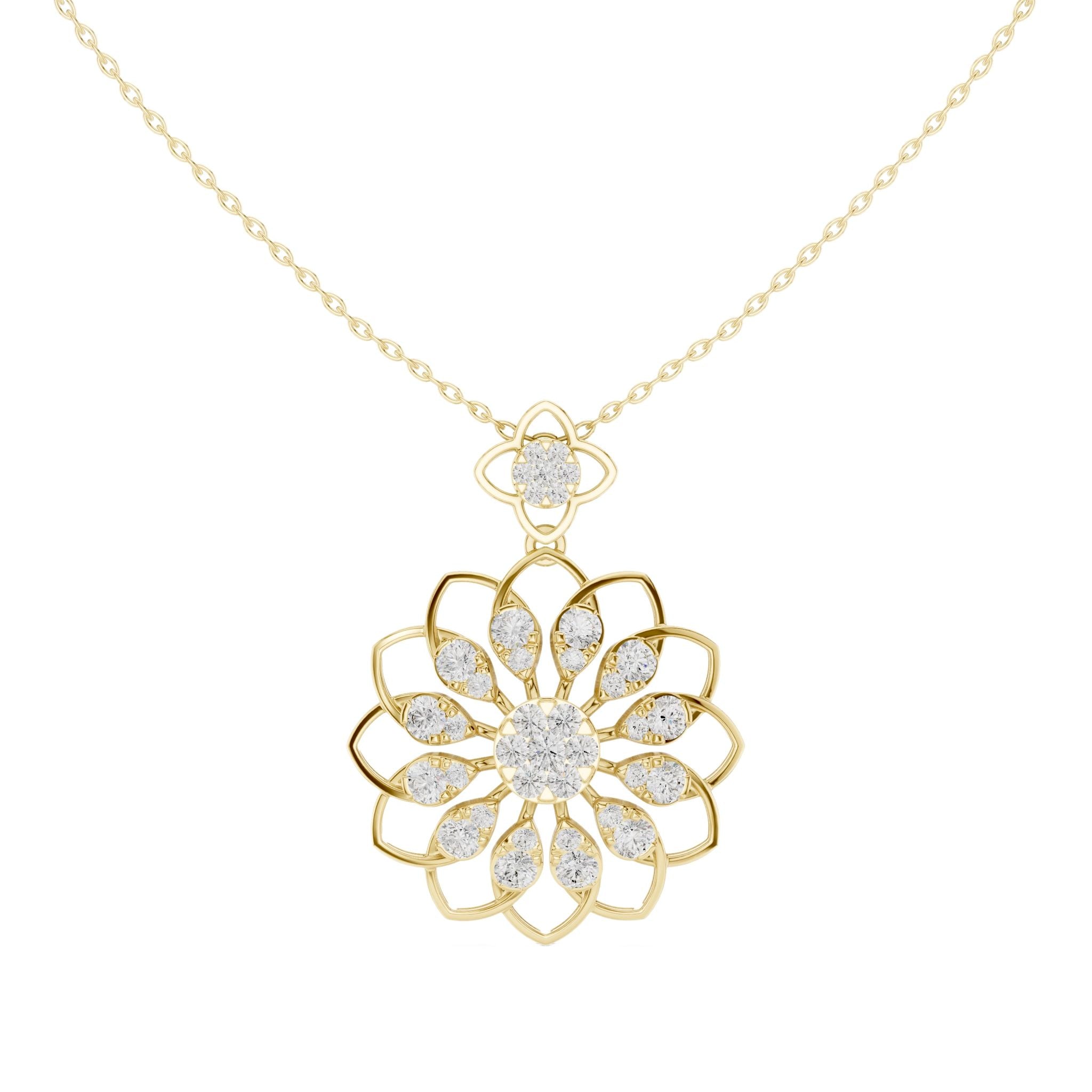 Yellow gold round diamond floral pendant with halo petals and central round diamond