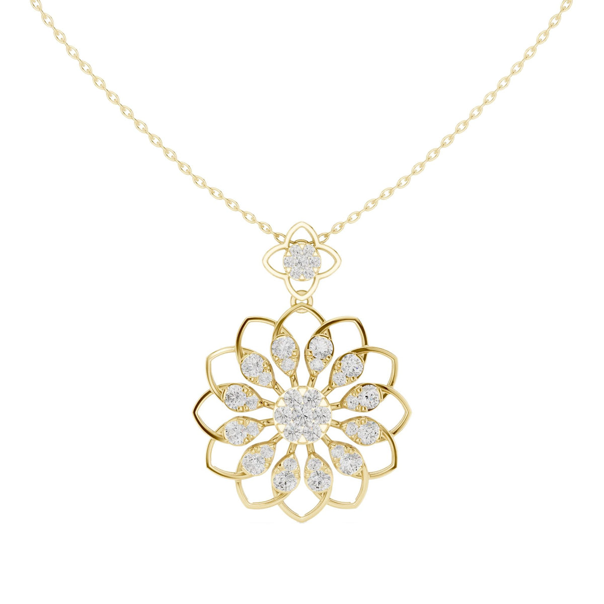 Yellow gold round diamond floral pendant with halo petals and central round diamond
