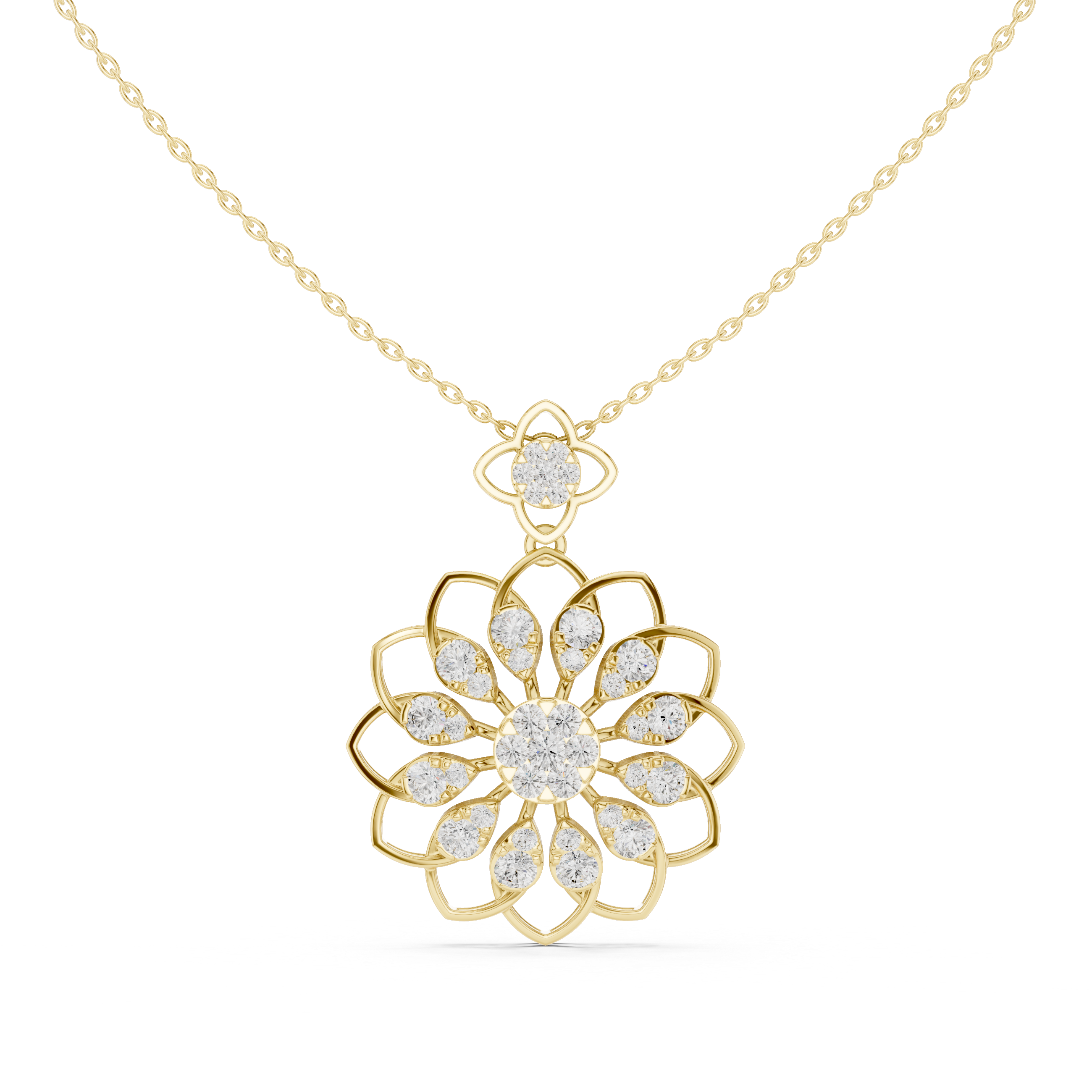Yellow gold round diamond floral pendant with halo petals and central round diamond