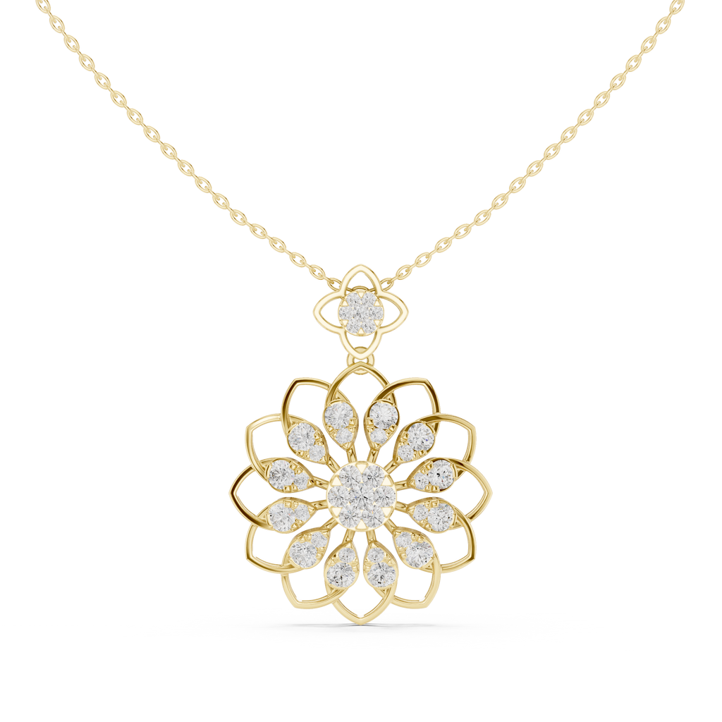 Yellow gold diamond floral pendant with round center and petal clusters on chain
