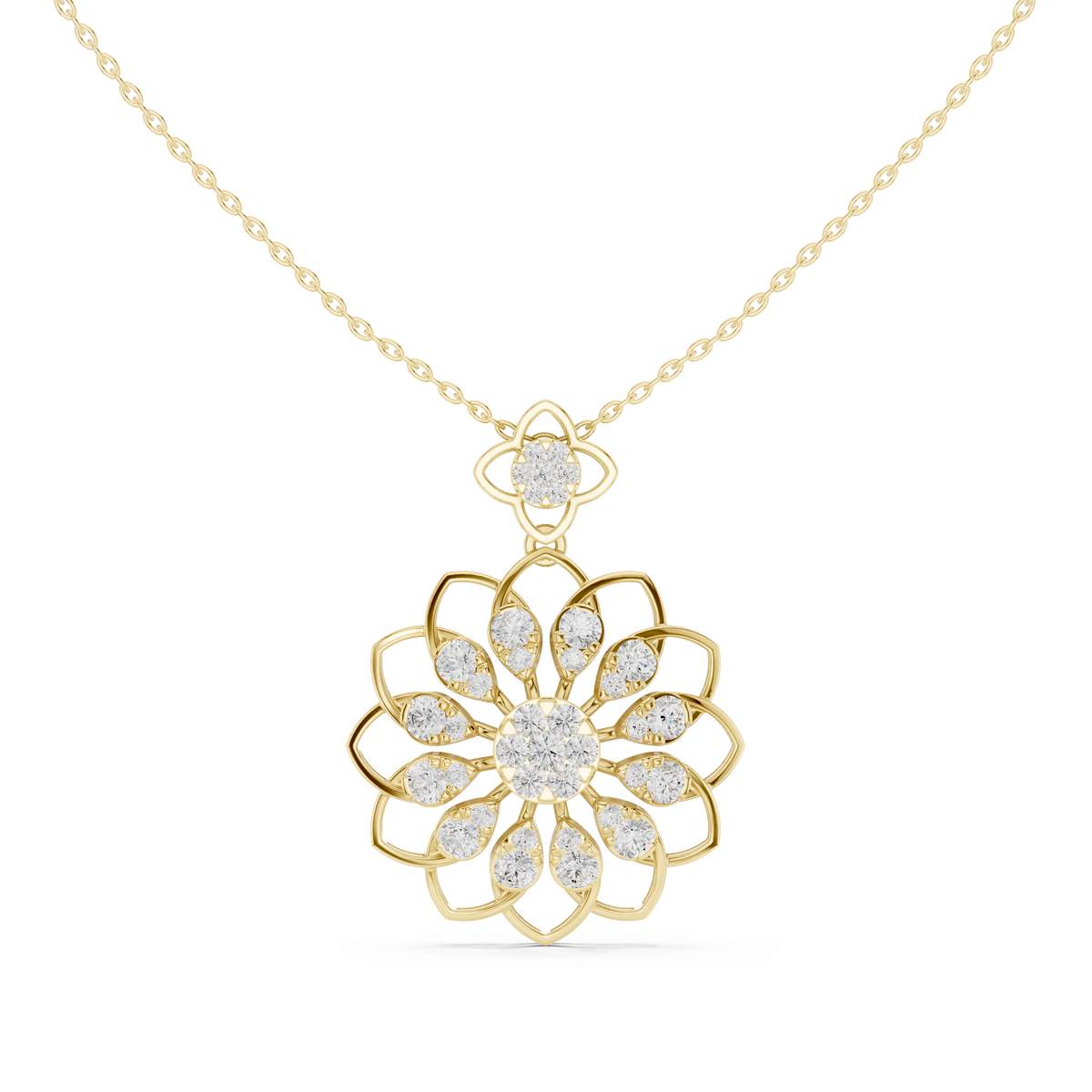 Yellow gold round diamond floral pendant with halo petals and central round diamond