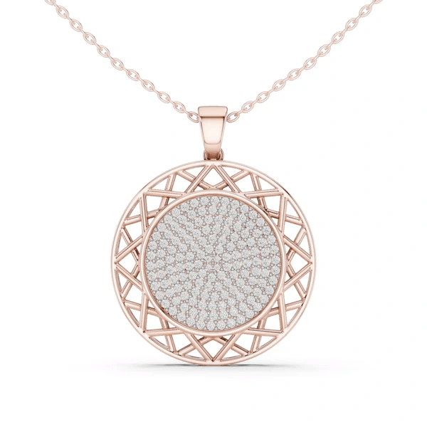 Round diamond pendant with celestial medallion lattice and pavé center, rose gold