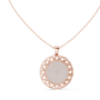 Round diamond medallion pendant on rose gold chain with openwork circular frame