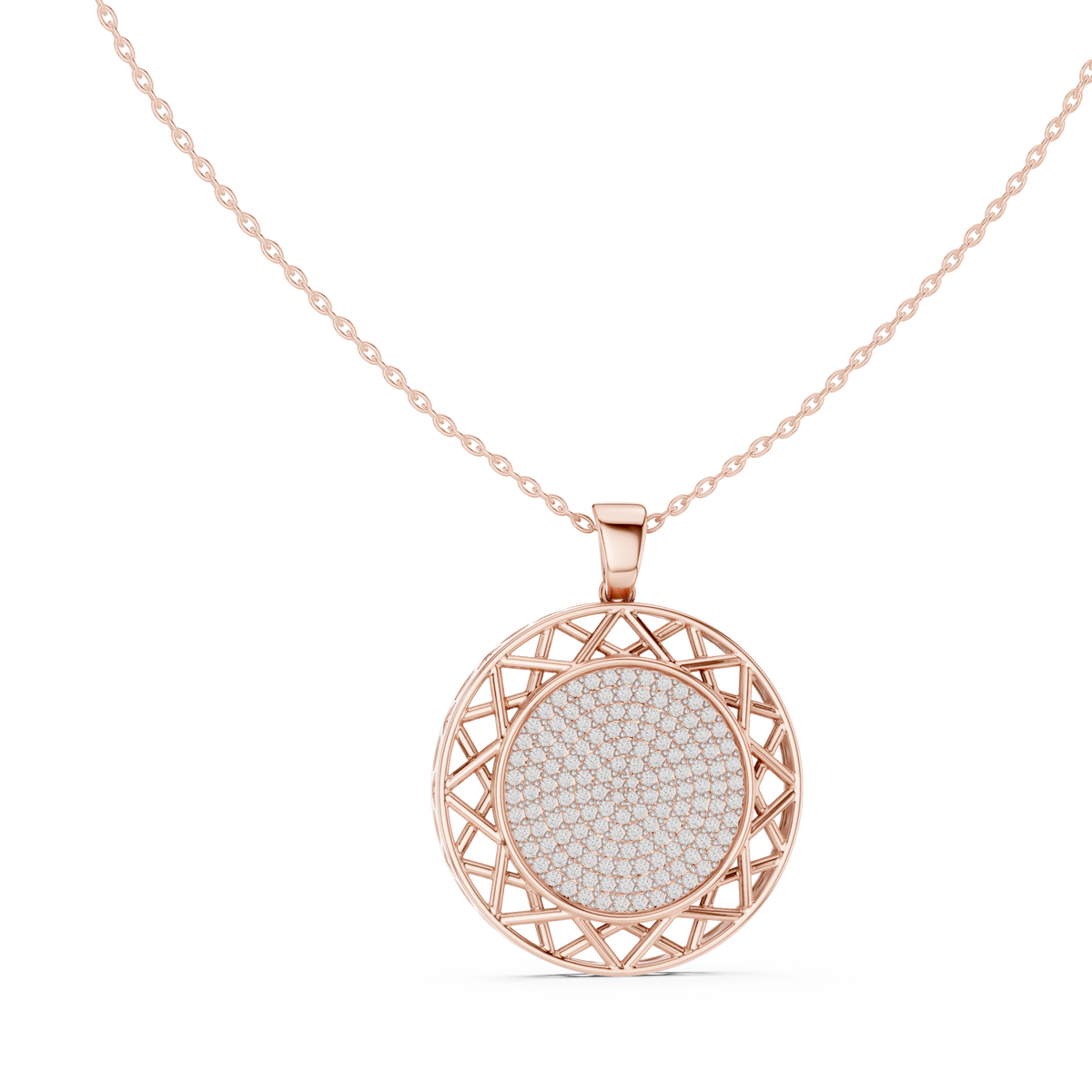 Round diamond medallion pendant on rose gold chain with openwork circular frame